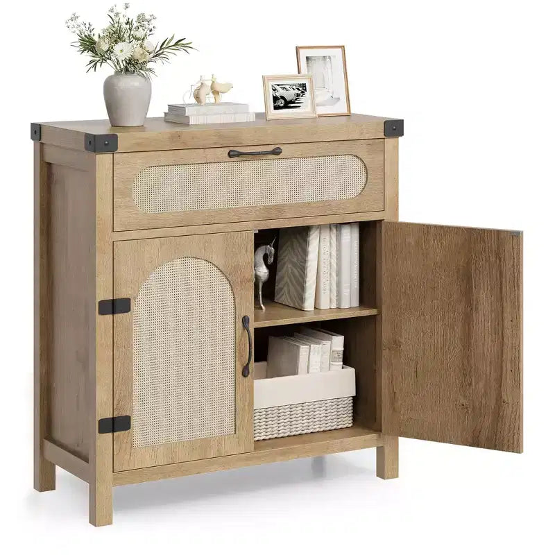 Madia a Buffet Nera/Color Legno con Cassetto e 2 Ante in Rattan – 1 Pezzo