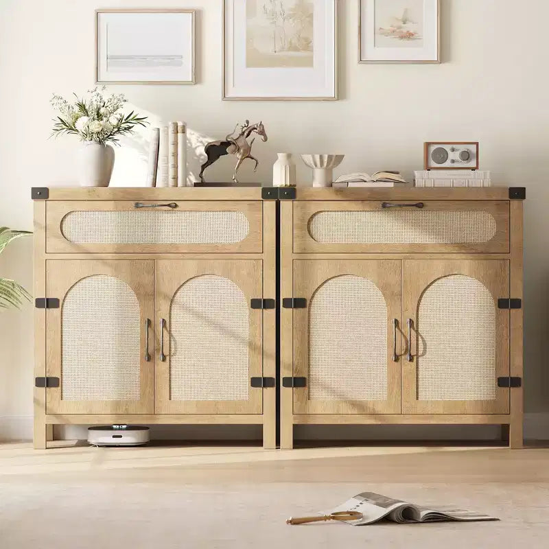 Madia a Buffet Nera/Color Legno con Cassetto e 2 Ante in Rattan – 1 Pezzo