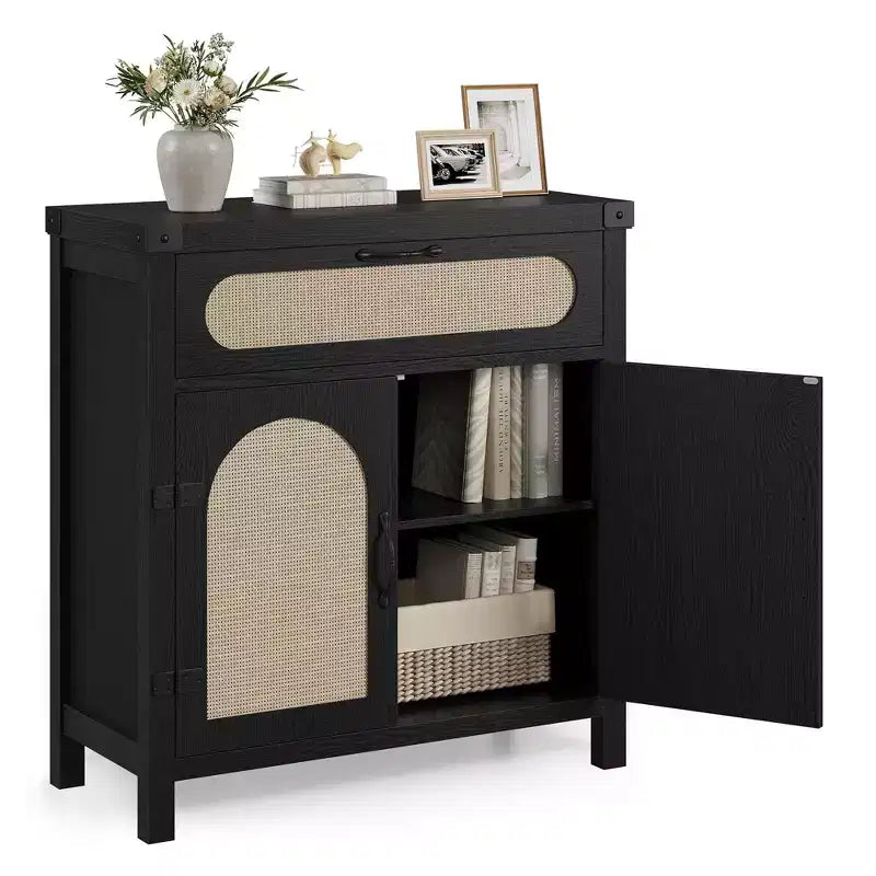 Madia a Buffet Nera/Color Legno con Cassetto e 2 Ante in Rattan – 1 Pezzo