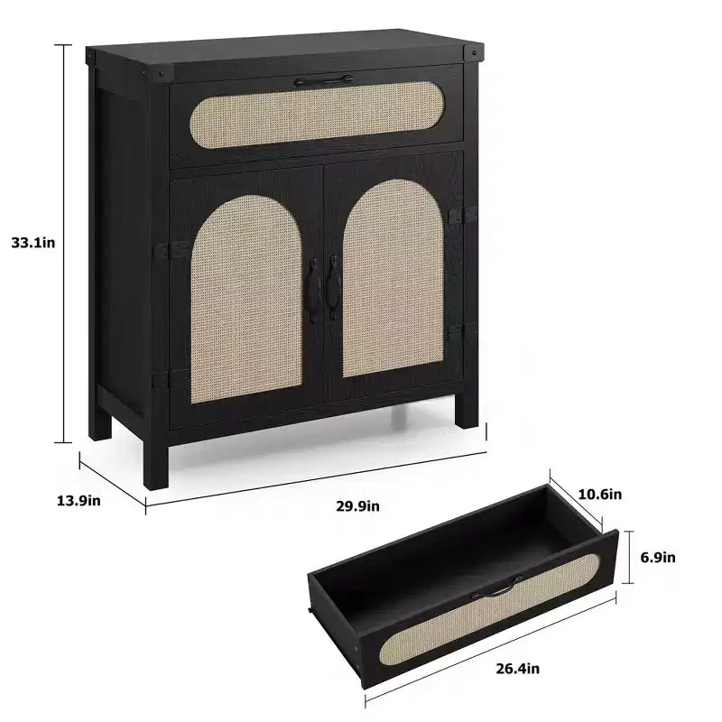 Madia a Buffet Nera/Color Legno con Cassetto e 2 Ante in Rattan – 1 Pezzo