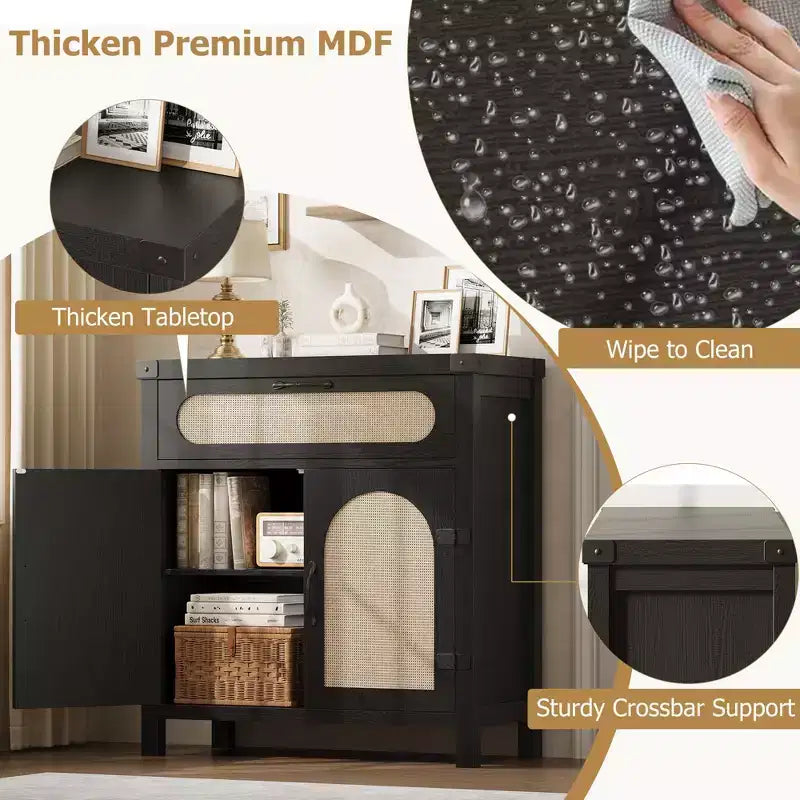 Madia a Buffet Nera/Color Legno con Cassetto e 2 Ante in Rattan – 1 Pezzo