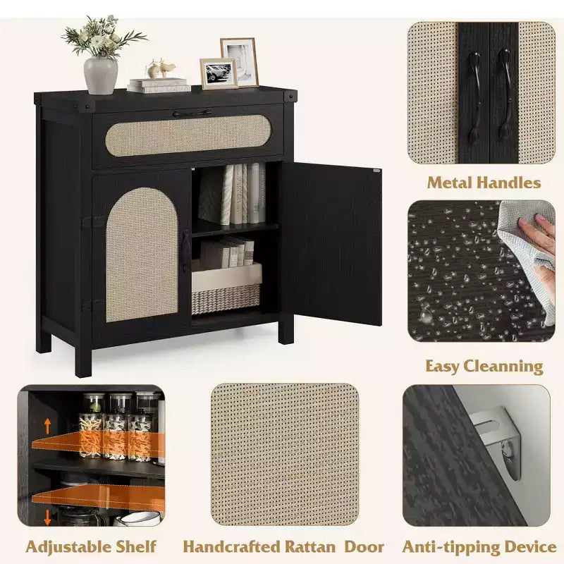 Madia a Buffet Nera/Color Legno con Cassetto e 2 Ante in Rattan – 1 Pezzo