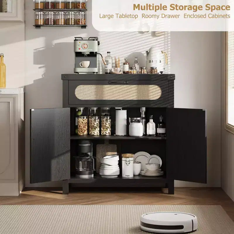 Madia a Buffet Nera/Color Legno con Cassetto e 2 Ante in Rattan – 1 Pezzo