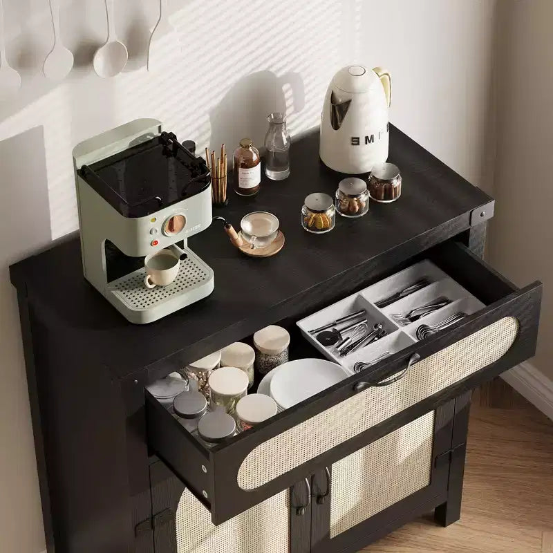 Madia a Buffet Nera/Color Legno con Cassetto e 2 Ante in Rattan – 1 Pezzo