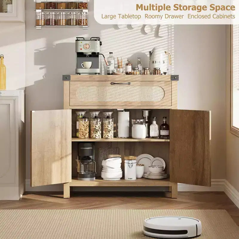 Madia a Buffet Nera/Color Legno con Cassetto e 2 Ante in Rattan – 1 Pezzo