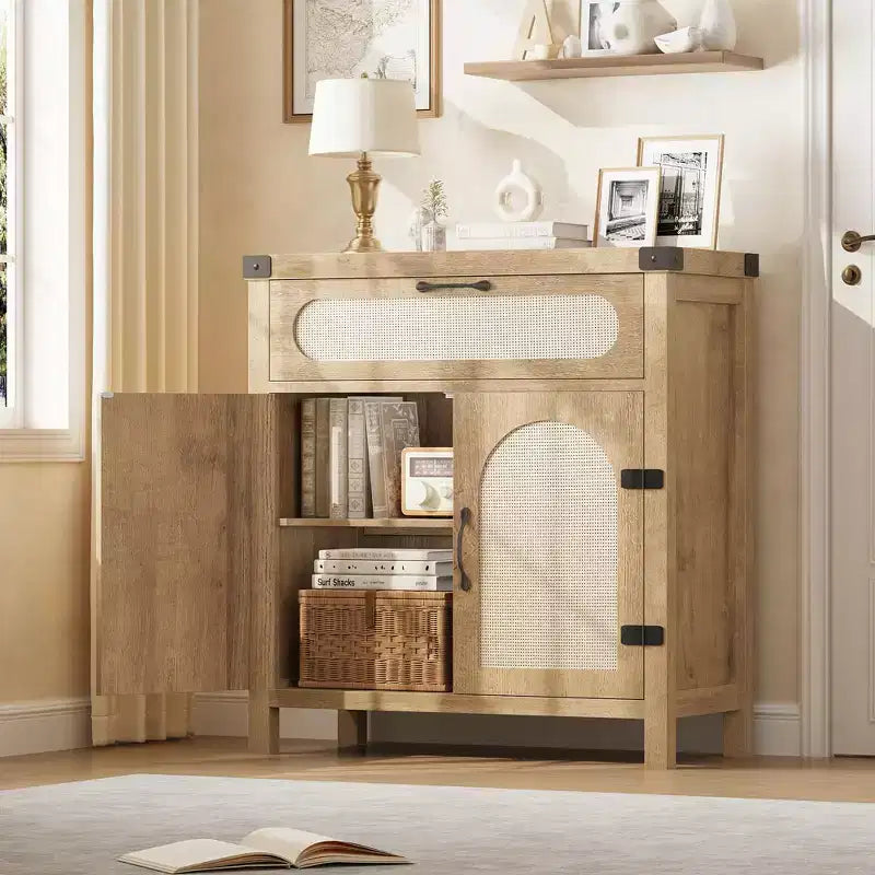 Madia a Buffet Nera/Color Legno con Cassetto e 2 Ante in Rattan – 1 Pezzo