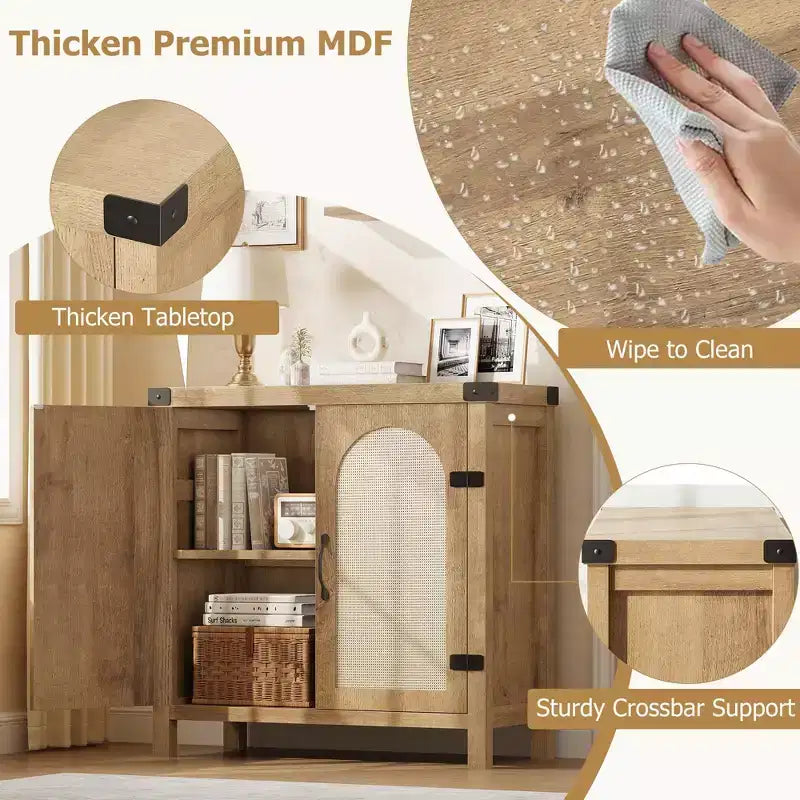 Madia credenza in rattan color legno nero / legno con contenitore – 2 ante, unità singola