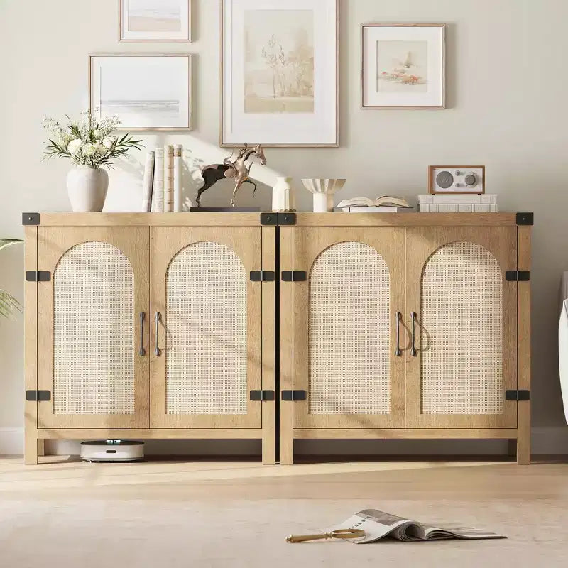 Madia credenza in rattan color legno nero / legno con contenitore – 2 ante, unità singola
