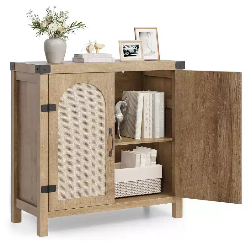 Madia credenza in rattan color legno nero / legno con contenitore – 2 ante, unità singola