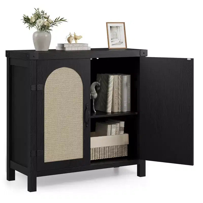 Madia credenza in rattan color legno nero / legno con contenitore – 2 ante, unità singola