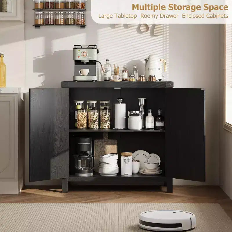 Madia credenza in rattan color legno nero / legno con contenitore – 2 ante, unità singola