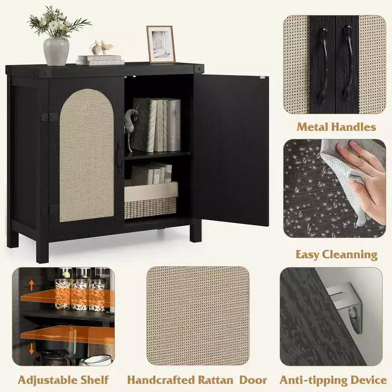 Madia credenza in rattan color legno nero / legno con contenitore – 2 ante, unità singola