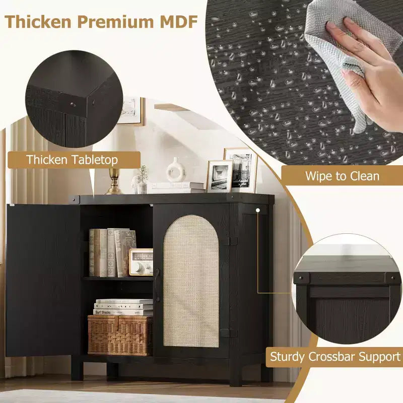 Madia credenza in rattan color legno nero / legno con contenitore – 2 ante, unità singola