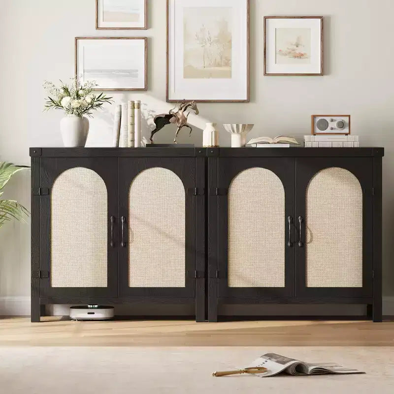 Madia credenza in rattan color legno nero / legno con contenitore – 2 ante, unità singola