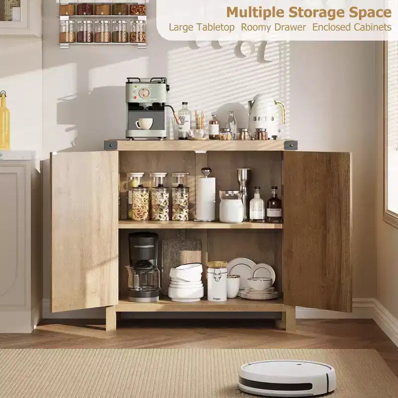 Madia credenza in rattan color legno nero / legno con contenitore – 2 ante, unità singola