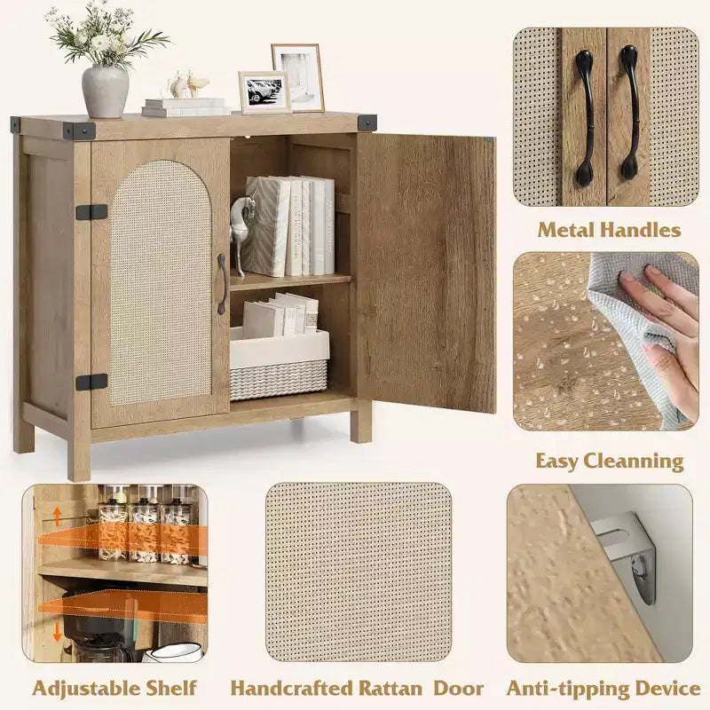 Madia credenza in rattan color legno nero / legno con contenitore – 2 ante, unità singola