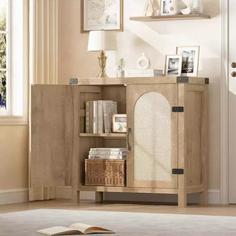 Madia credenza in rattan color legno nero / legno con contenitore – 2 ante, unità singola