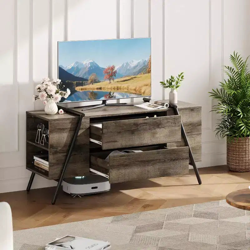 Mobile TV Rovere/Marrone con gambe in metallo a U, adatto a TV da 47"–55"