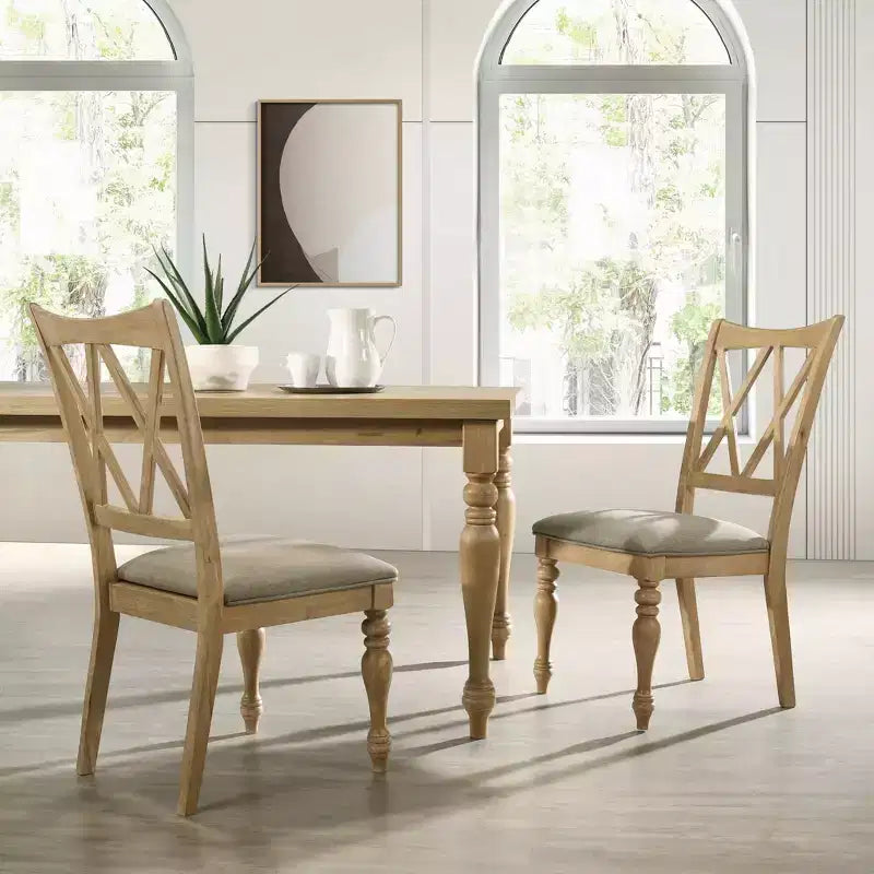 Sedie da pranzo con schienale a croce in rovere chiaro e beige, set da 2