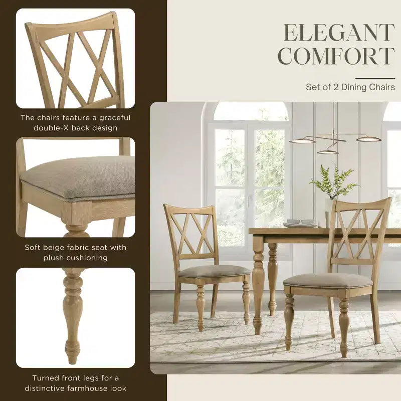 Sedie da pranzo con schienale a croce in rovere chiaro e beige, set da 2