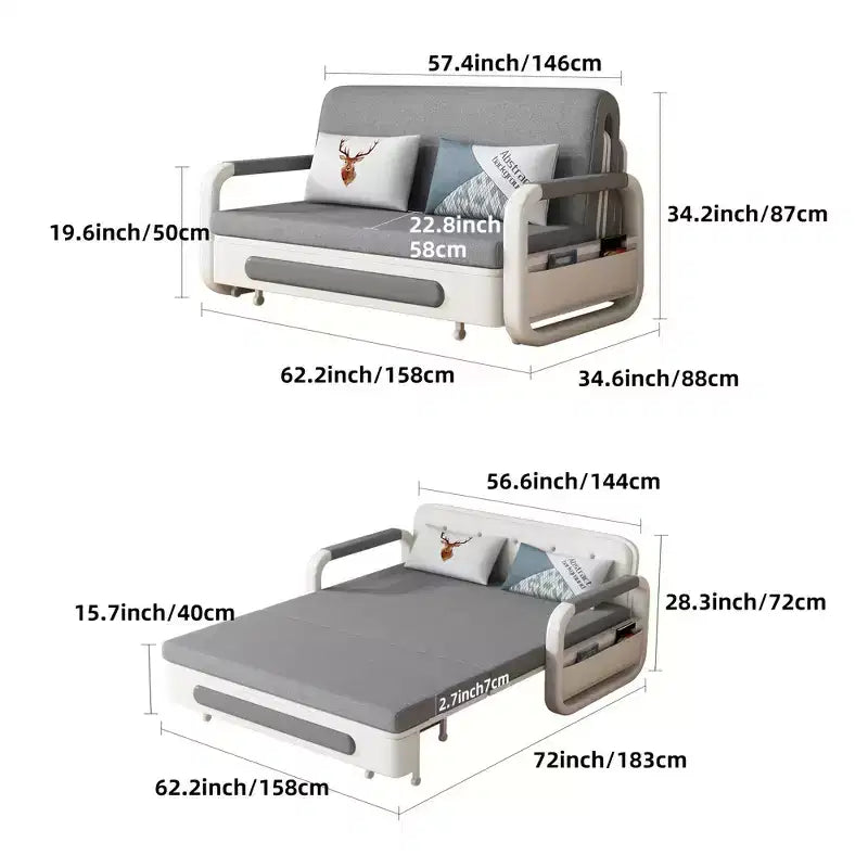 Divano Letto 3 in 1 in Lino Grigio con Contenitore, 2 Posti