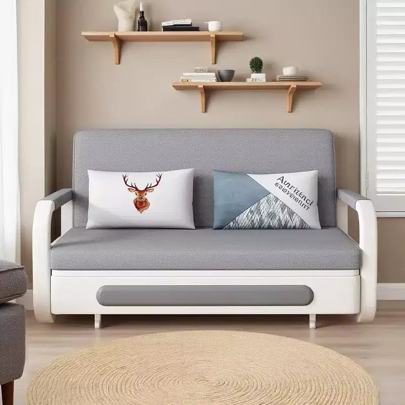 Divano Letto 3 in 1 in Lino Grigio con Contenitore, 2 Posti
