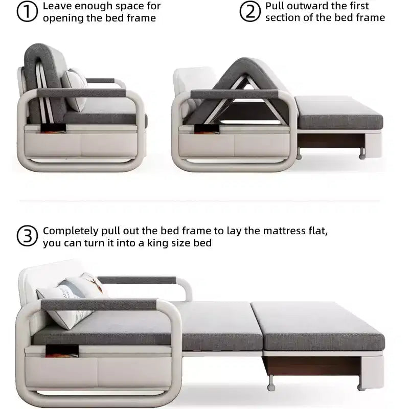 Divano Letto 3 in 1 in Lino Grigio con Contenitore, 2 Posti