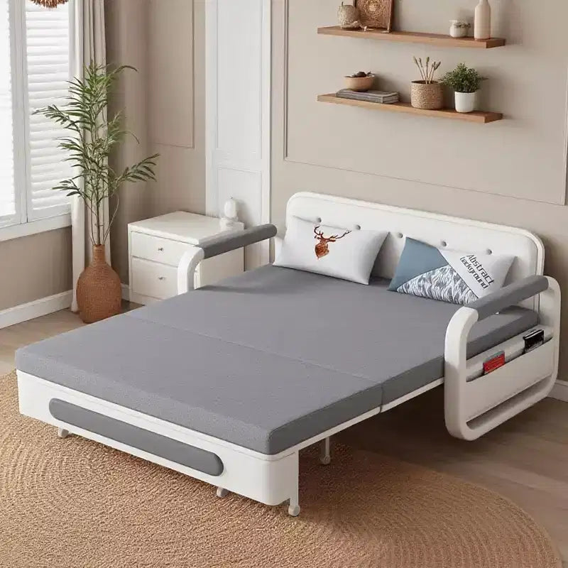 Divano Letto 3 in 1 in Lino Grigio con Contenitore, 2 Posti