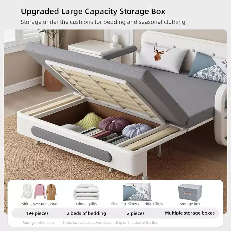 Divano Letto 3 in 1 in Lino Grigio con Contenitore, 2 Posti