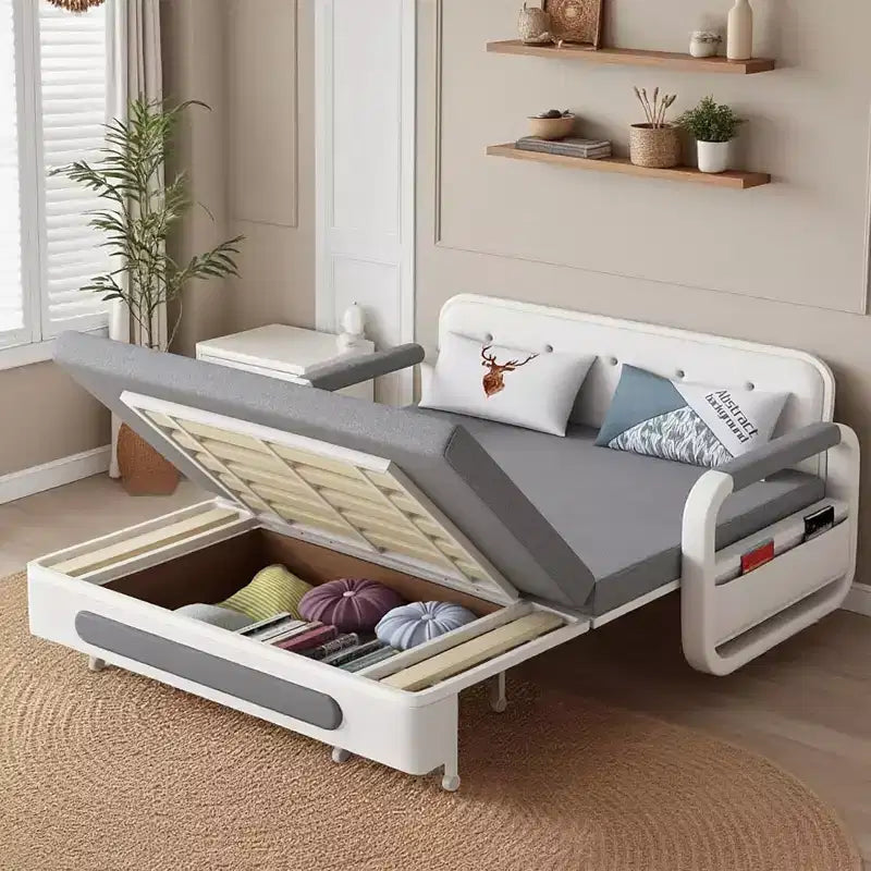 Divano Letto 3 in 1 in Lino Grigio con Contenitore, 2 Posti