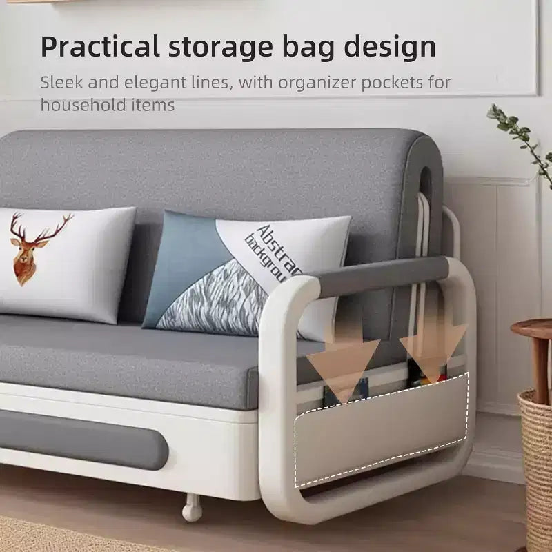 Divano Letto 3 in 1 in Lino Grigio con Contenitore, 2 Posti