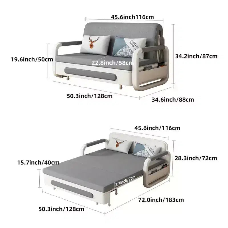 Divano Letto 3 in 1 in Lino Grigio con Contenitore, 2 Posti