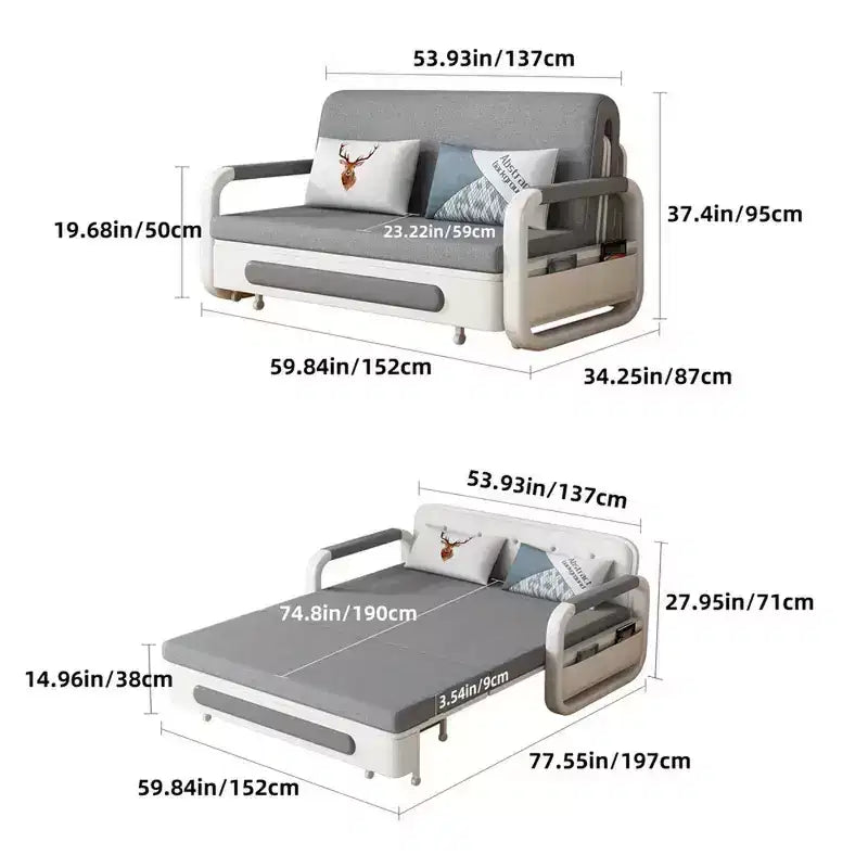 Divano Letto 3 in 1 in Lino Grigio con Contenitore, 2 Posti