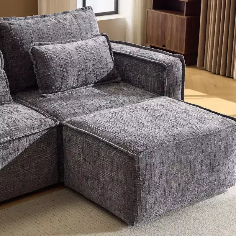 Divano angolare a L in ciniglia marrone/grigio per 3 persone, con pouf