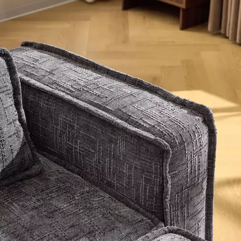 Divano angolare a L in ciniglia marrone/grigio per 3 persone, con pouf