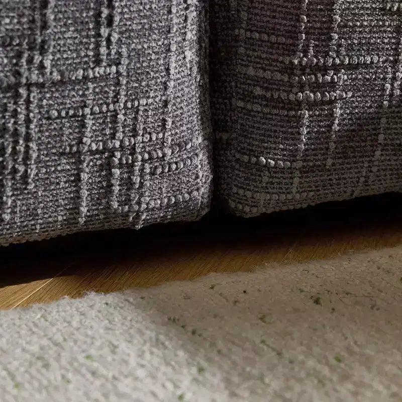 Divano angolare a L in ciniglia marrone/grigio per 3 persone, con pouf