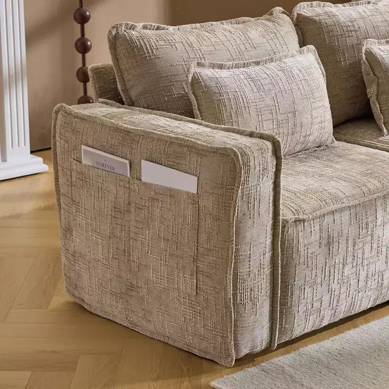 Divano angolare a L in ciniglia marrone/grigio per 3 persone, con pouf