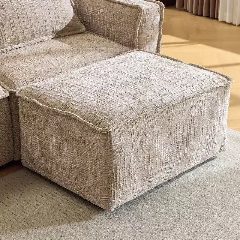 Divano angolare a L in ciniglia marrone/grigio per 3 persone, con pouf