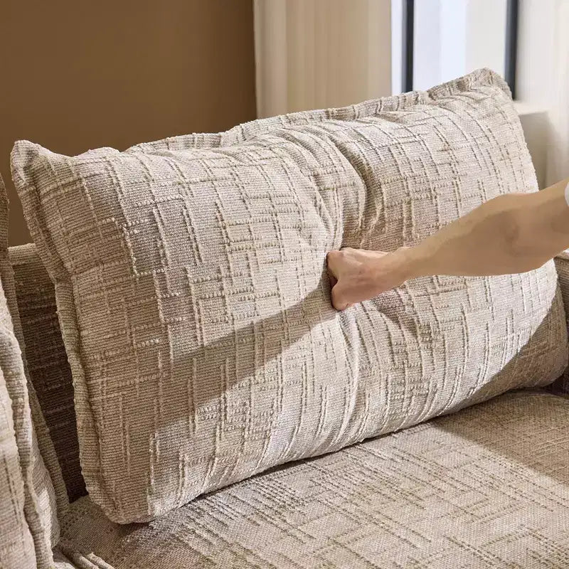 Divano angolare a L in ciniglia marrone/grigio per 3 persone, con pouf