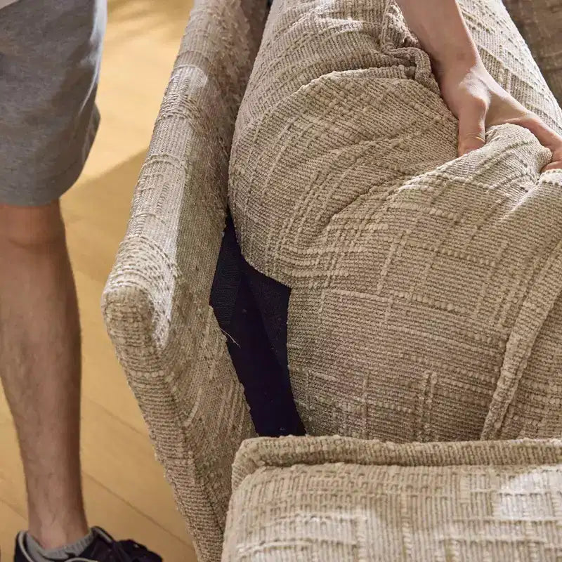 Divano angolare a L in ciniglia marrone/grigio per 3 persone, con pouf