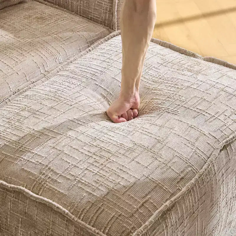 Divano angolare a L in ciniglia marrone/grigio per 3 persone, con pouf