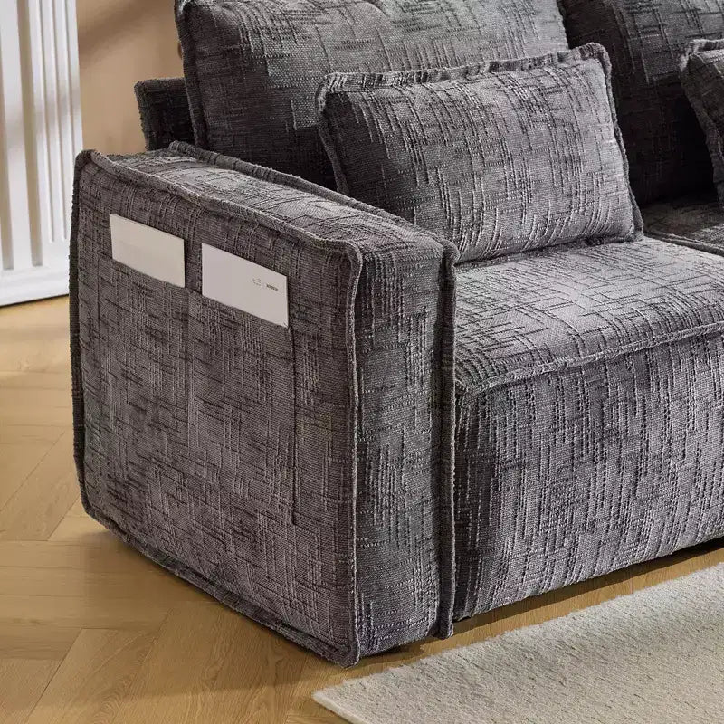 Divano angolare a L in ciniglia marrone/grigio per 3 persone, con pouf
