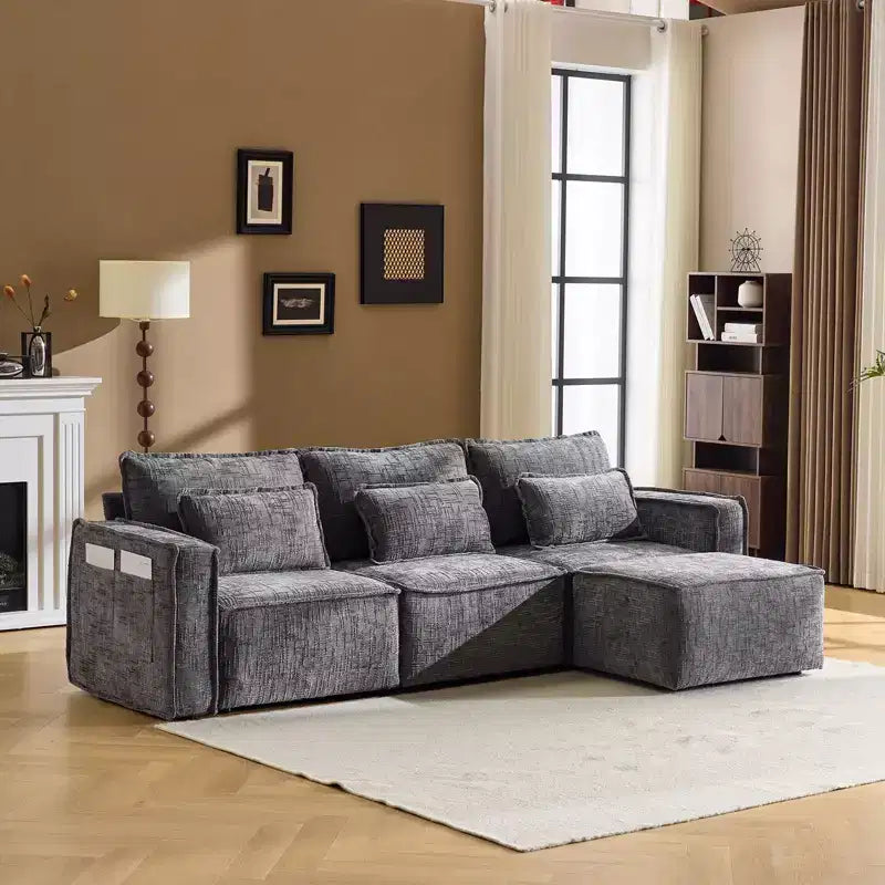 Divano angolare a L in ciniglia marrone/grigio per 3 persone, con pouf