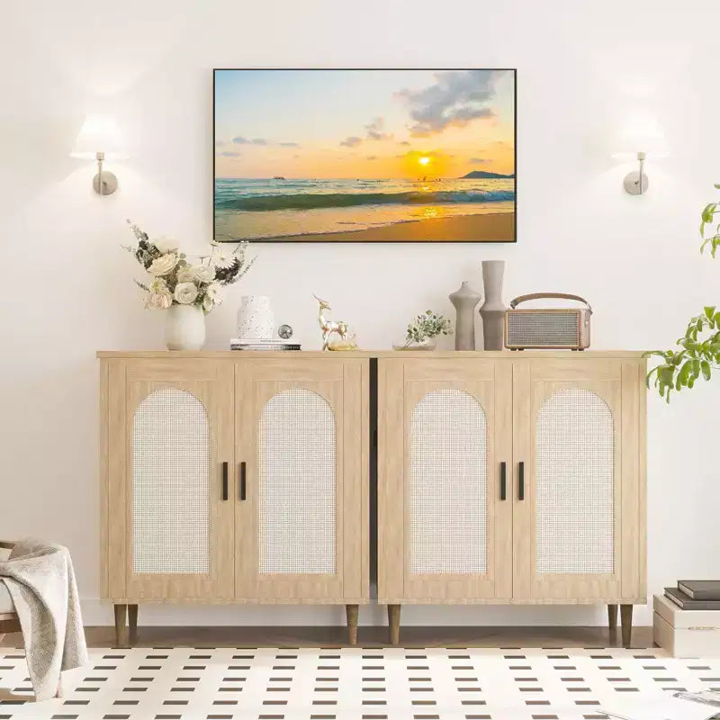 Credenza a buffet da 30" – Nero/Legno, frontale in rattan, gambe in legno massiccio