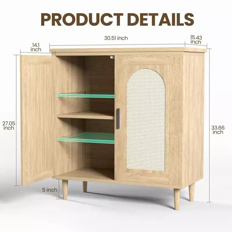 Credenza a buffet da 30" – Nero/Legno, frontale in rattan, gambe in legno massiccio