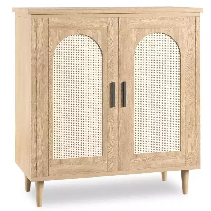 Credenza a buffet da 30" – Nero/Legno, frontale in rattan, gambe in legno massiccio