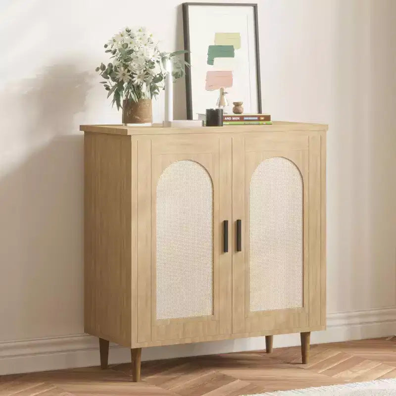Credenza a buffet da 30" – Nero/Legno, frontale in rattan, gambe in legno massiccio