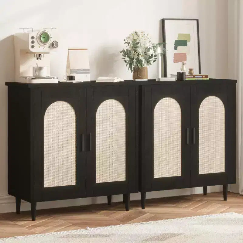 Credenza a buffet da 30" – Nero/Legno, frontale in rattan, gambe in legno massiccio