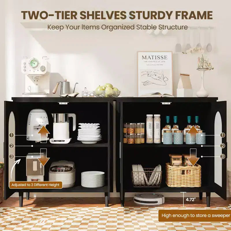 Credenza a buffet da 30" – Nero/Legno, frontale in rattan, gambe in legno massiccio