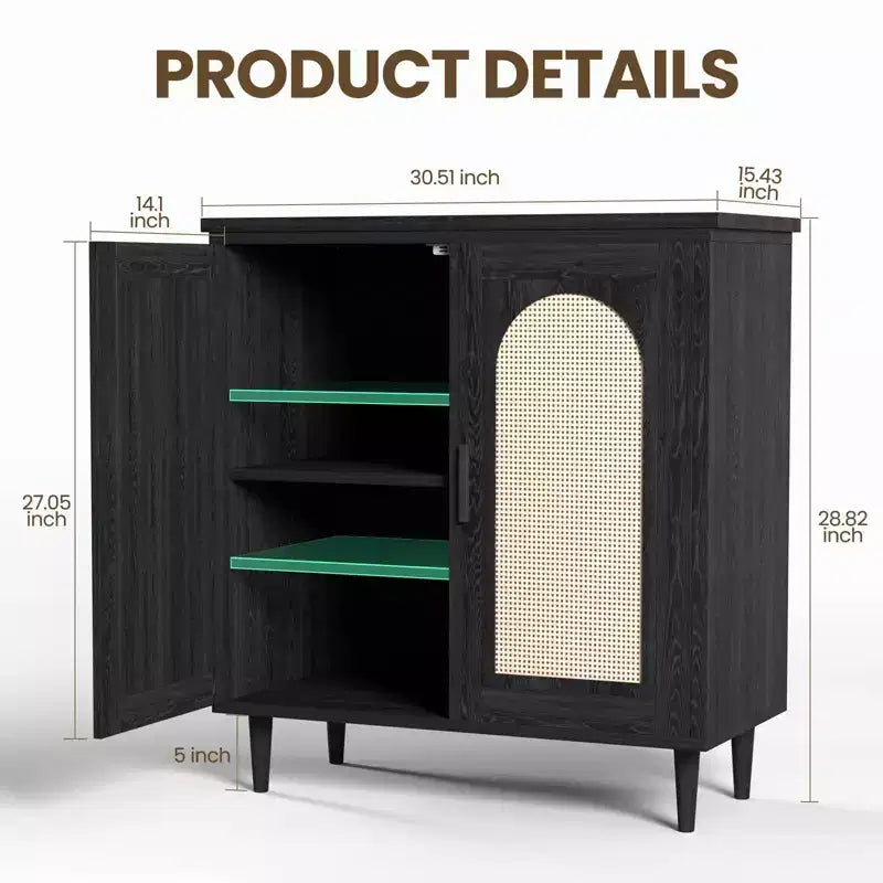 Credenza a buffet da 30" – Nero/Legno, frontale in rattan, gambe in legno massiccio